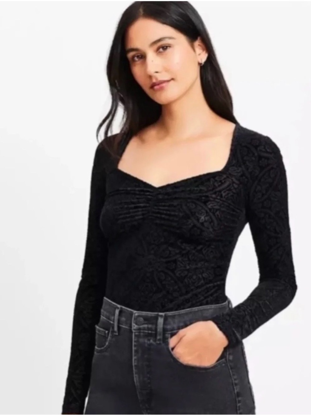 LOFT Black Long-Sleeve Square Neck Velvet Textured Top